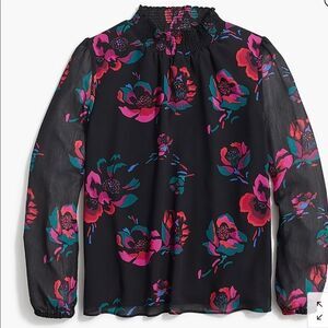 J. Crew elastic mock turtleneck black chiffon floral lined top. NWT. XS.